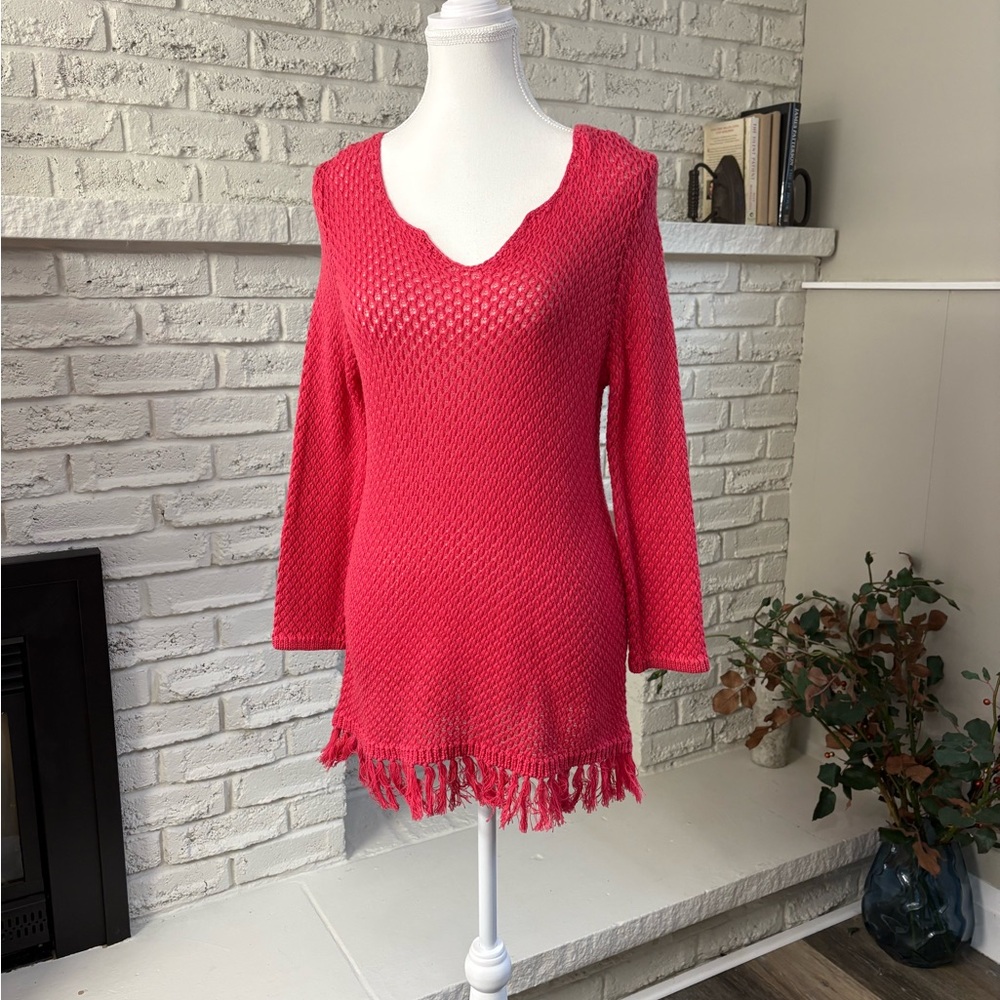 Tribal Pink Knit V-Neck Fringe Hem Sweater Tunic Size Medium